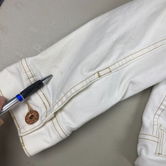 Vtg Levi’s Cropped Jean Jacket Womens Medium Beige Stretch Denim Trucker Y2K - Picture 10 of 16